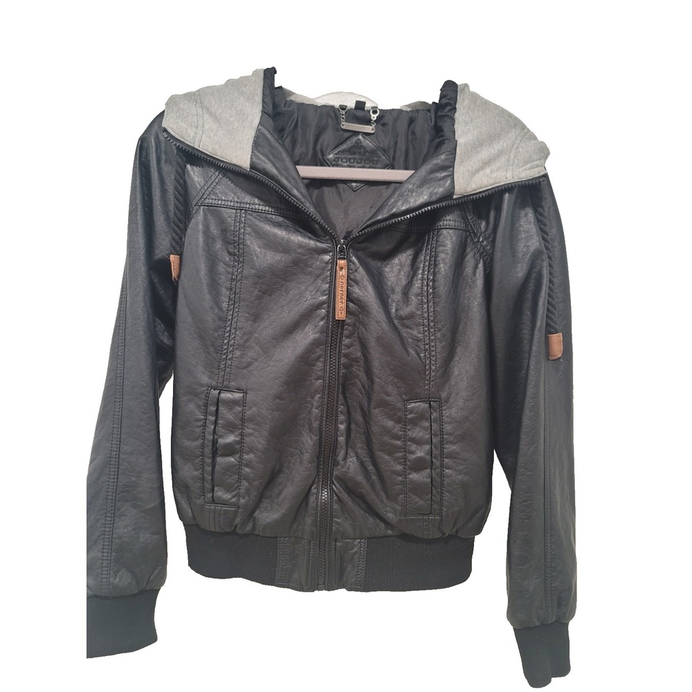 JouJou faux leather jacket small hood full zip up waist high